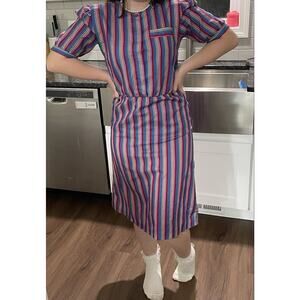 VTG Betsys Things Dress Rainbow Striped Midi 70s-80s Womens Size 7 Short Sleeve
